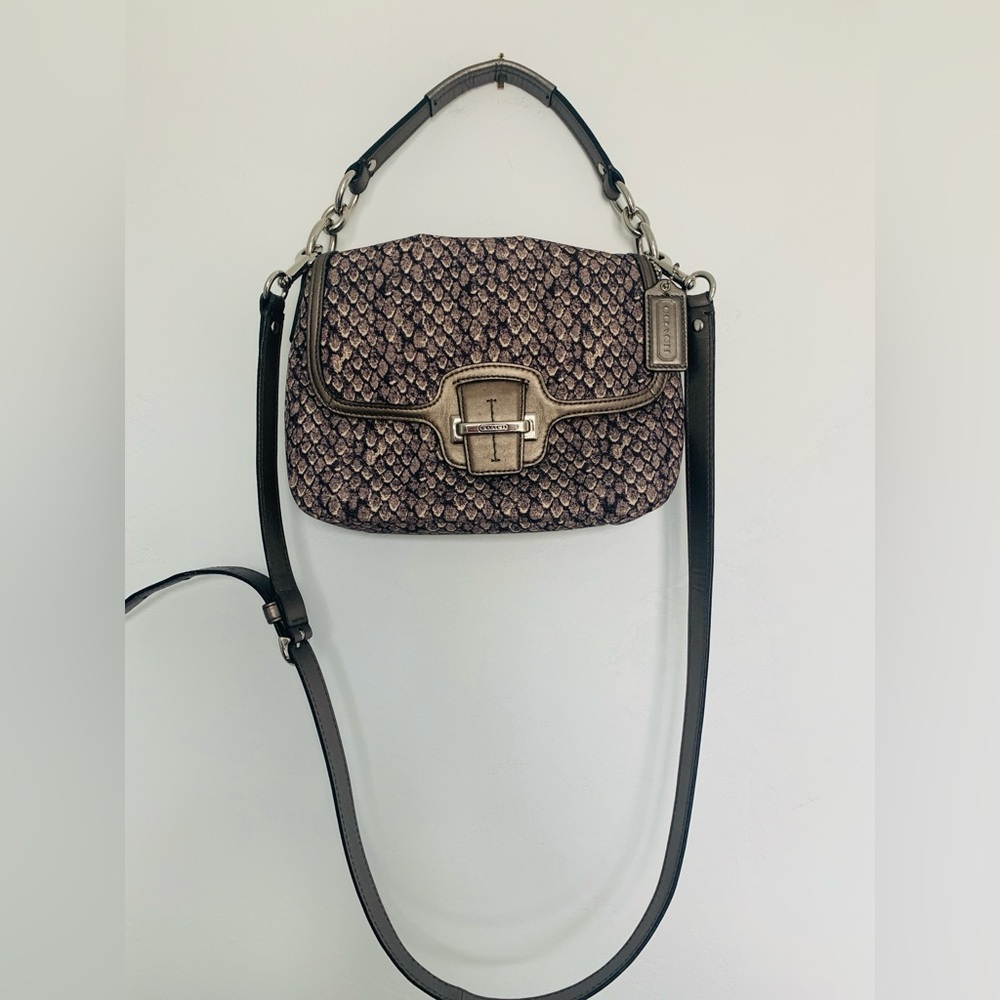 Coach Taylor Snake Print Purse Brown Tan Metallic Canvas Crossbody Bag F26036